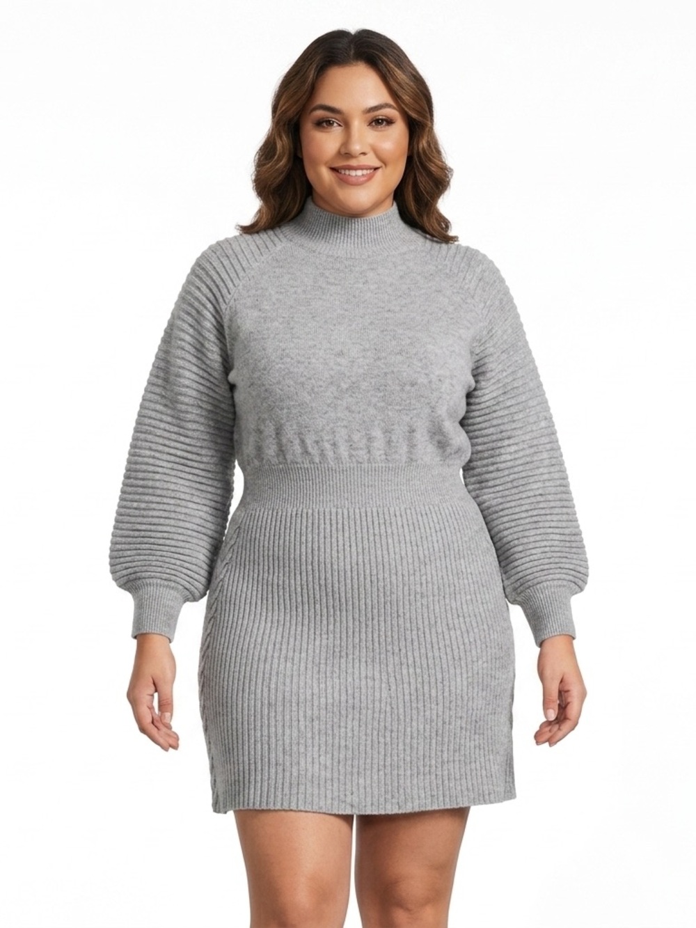 Cozy Ribbed Knit Sweater Dress, Light Gray - 1XL